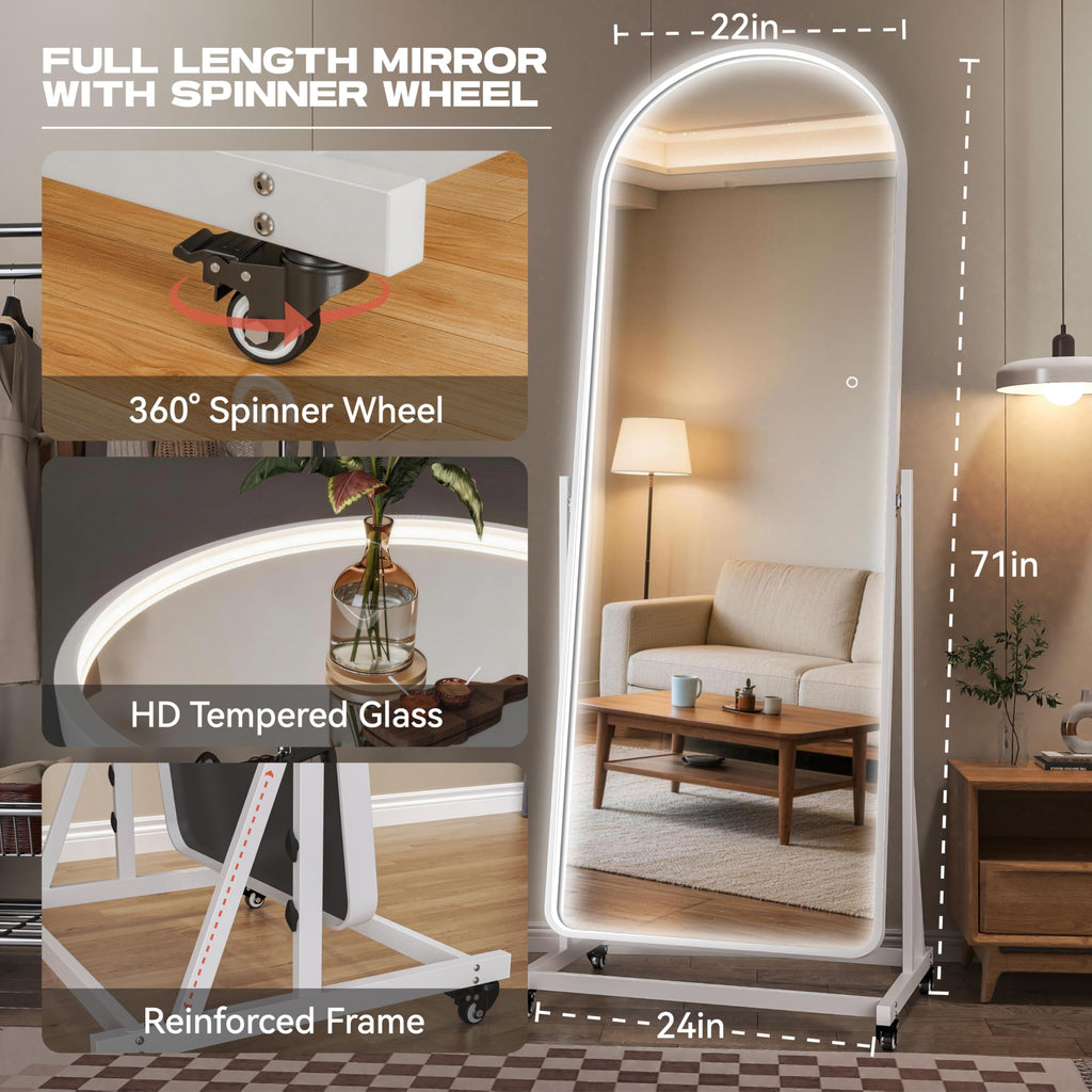 71"x24" Arched LED Full Length Rolling Mirror on Wheels
