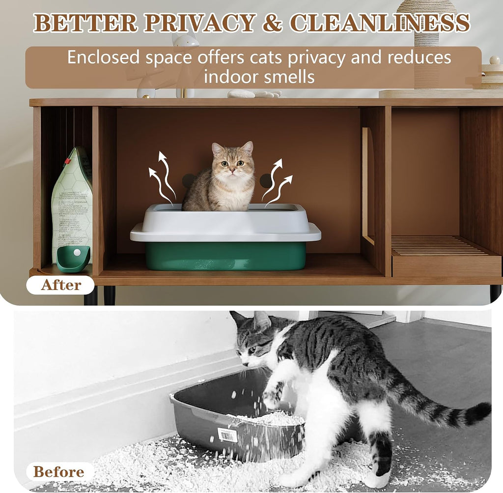 Cat Litter Box Enclosure Furniture with Sliding Tambour Door