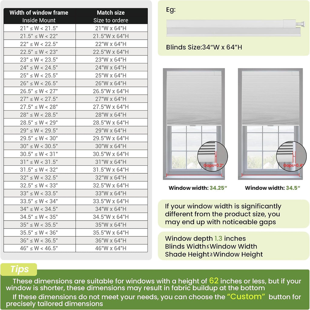 No Drill Cellular Shades, Blackout White, | Top Down Bottom Up Honeycomb Shades Blackout Blinds for Indoor Windows