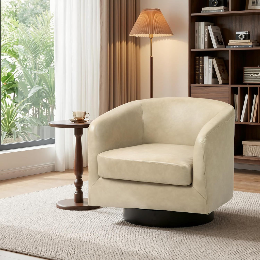 Faux Leather Swivel Accent Chair, Barrel Club Armchair, Cream
