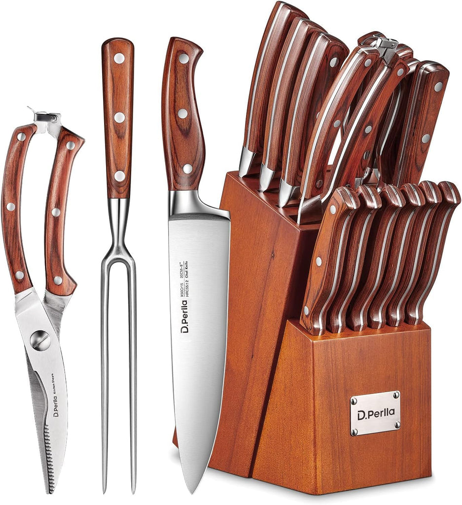 Kitchen Knife Set, 16 Pcs Stainless Steel Knife Block Set with Wood Handle | Kitchen Knife Set with Sharpener