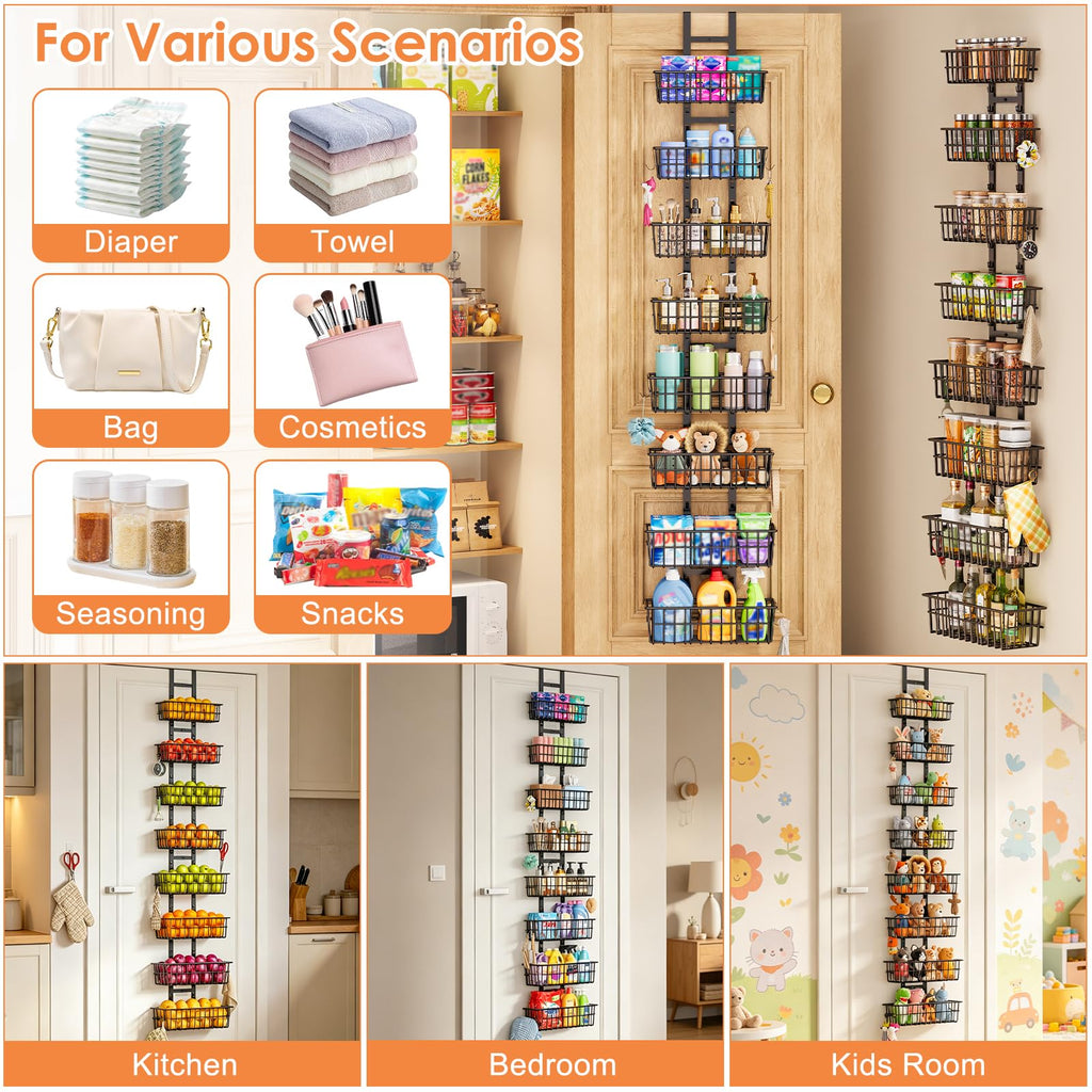 8 Tier Over The Door Organizer, Adjustable Hanging Door Organizer with 8 Wire Baskets 6 Hooks, Behind The Door