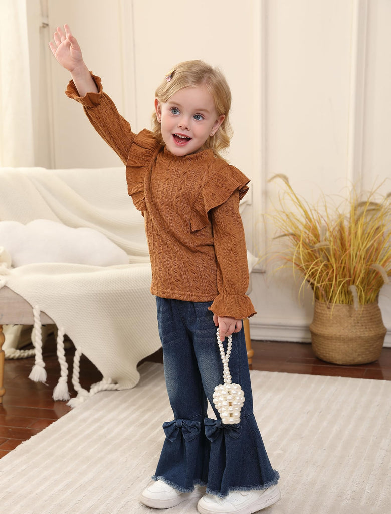 Toddler Girl Clothes Long Sleeve Ruffle Top Flare Jeans Pants Set