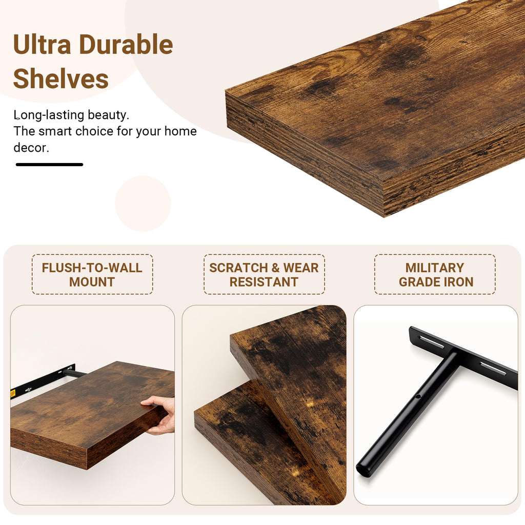 36 Inch Floating Shelves, 12 Inch Deep Floating Shelves for Wall, Extra Deeper & Thicker Wooden Wall Shelf with