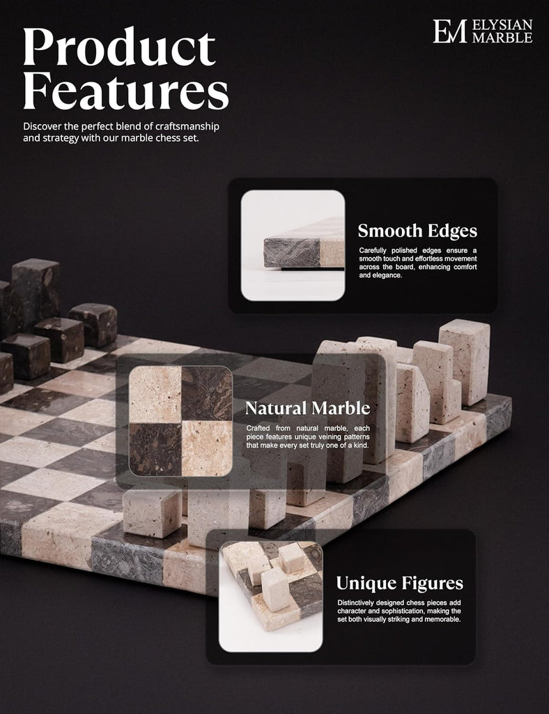 Modern Chess Set - Handcrafted Borderless Marble Chess Board with Minimalist Geometric Pieces, Luxury Decorative