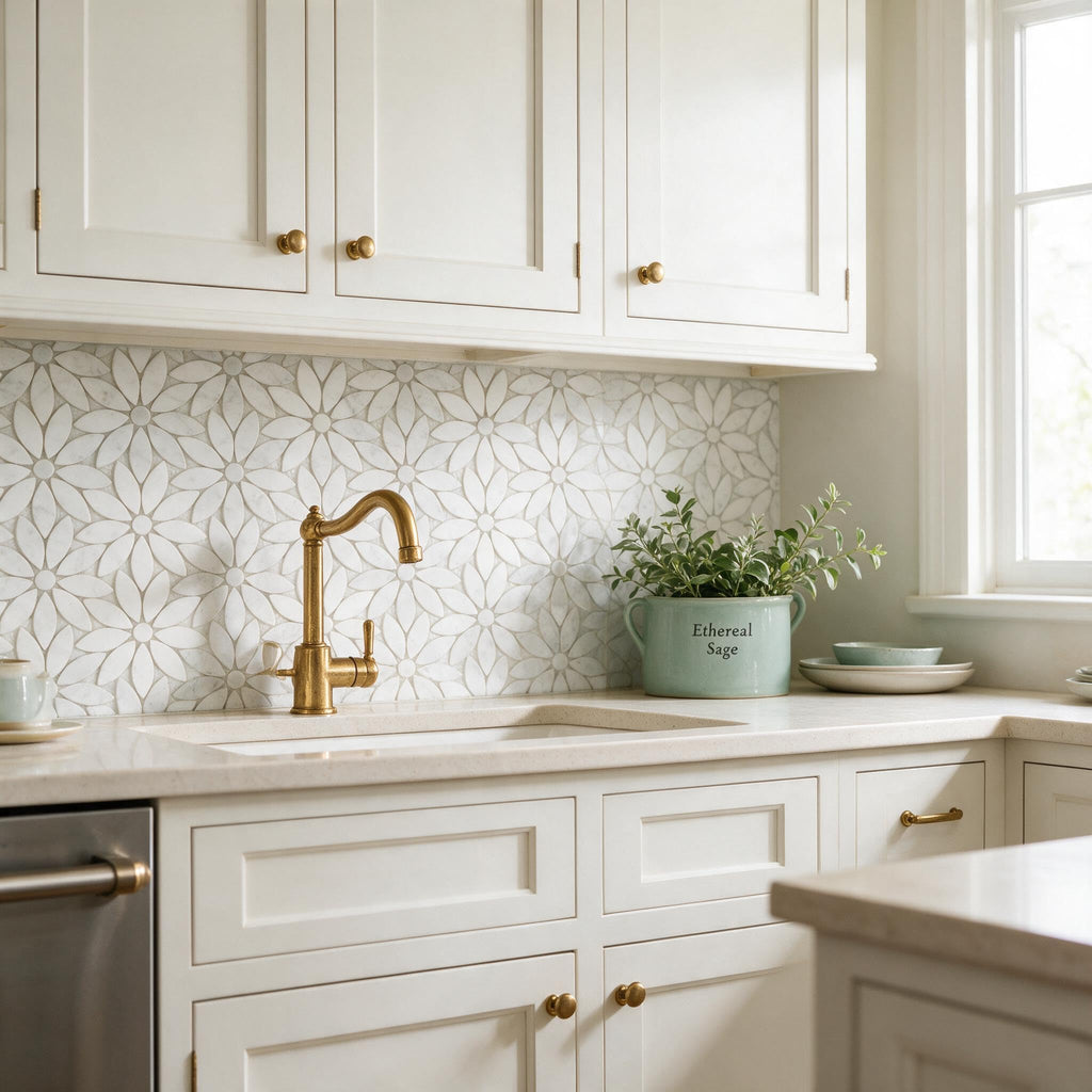Daisy Flower Marble Mosaic Tile 10.4×12", White Shower Tile, Mesh Backing