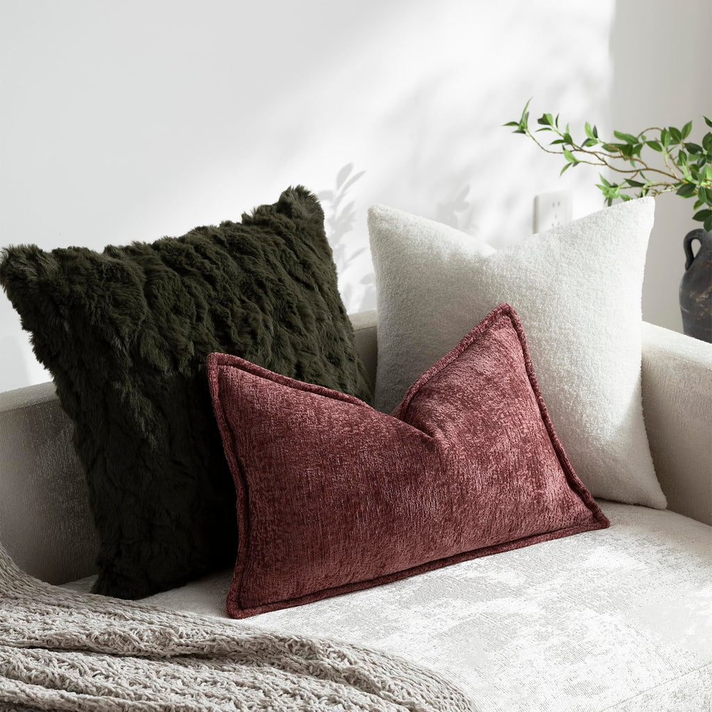 Pack of 2 Christmas Burgundy Fall Decorative Throw Pillow Covers 12x20 Cozy Soft Chenille Accent Vintage Rectangular