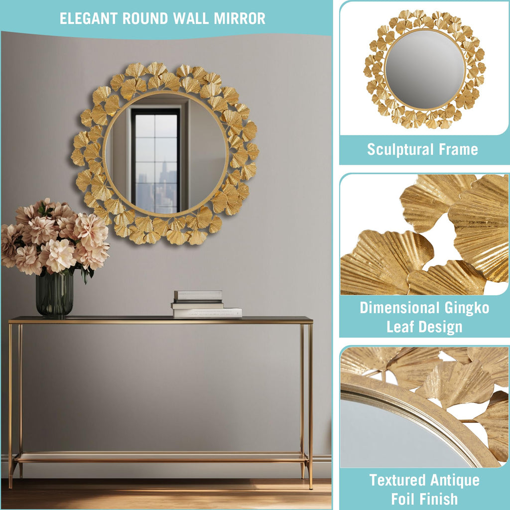 Wall Décor Large Gingko Leaf Round Wall Mirror, Iron Metal Plate Frame Antique Finish, Ready to Hang Bedroom