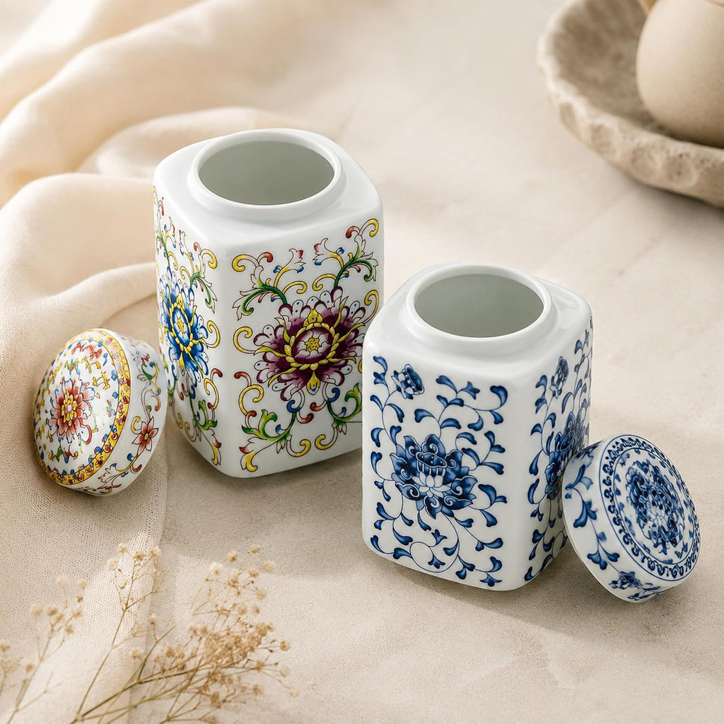 200 ml Small Ceramic Tea Canister with Lid, Decorative Chinoiserie Ginger Jar with Cork Stopper Countertop Decor