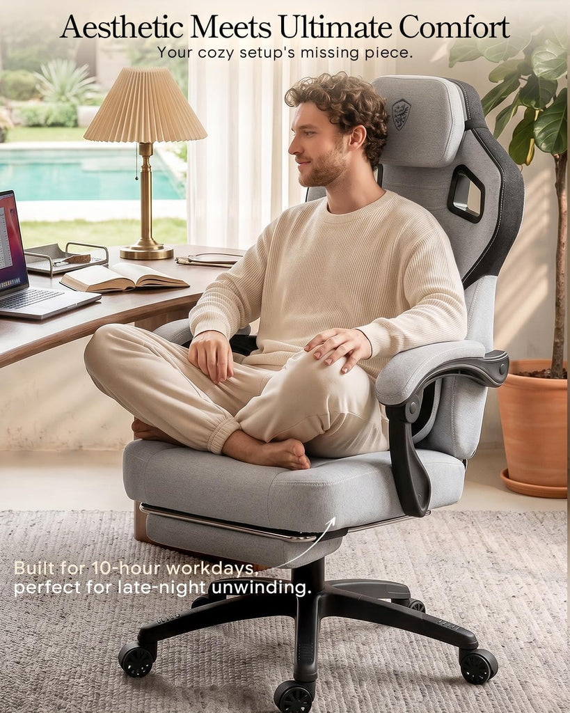 Big and Tall Gaming Chair with Footrest, Gray | Breathable woven fabric with lumbar support and extra-wide seat back;