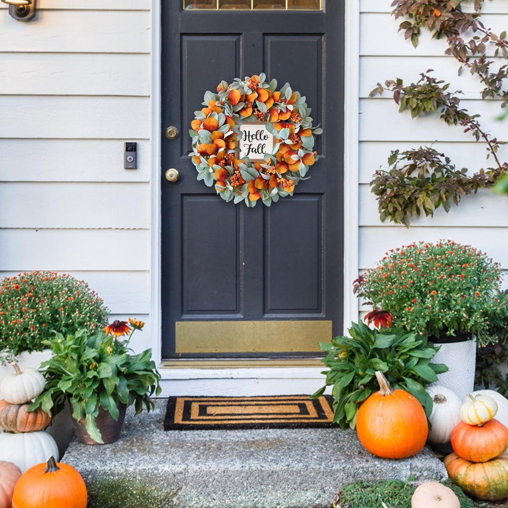 22 inch Fall Wreath for Front Door Artificial Autum Wreaths with Lamb's Leaves Eucalyptus Leaves Berries Wreath for