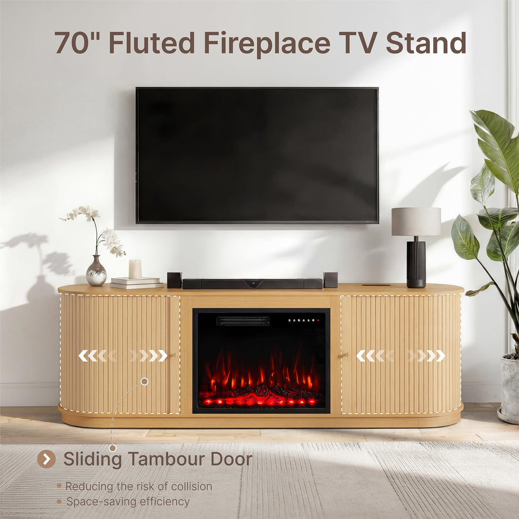 70'' Fluted Fireplace TV Stand for TVs Up to 80", Sliding Tambour Doors, Modern Entertainment Center with 23" Electric