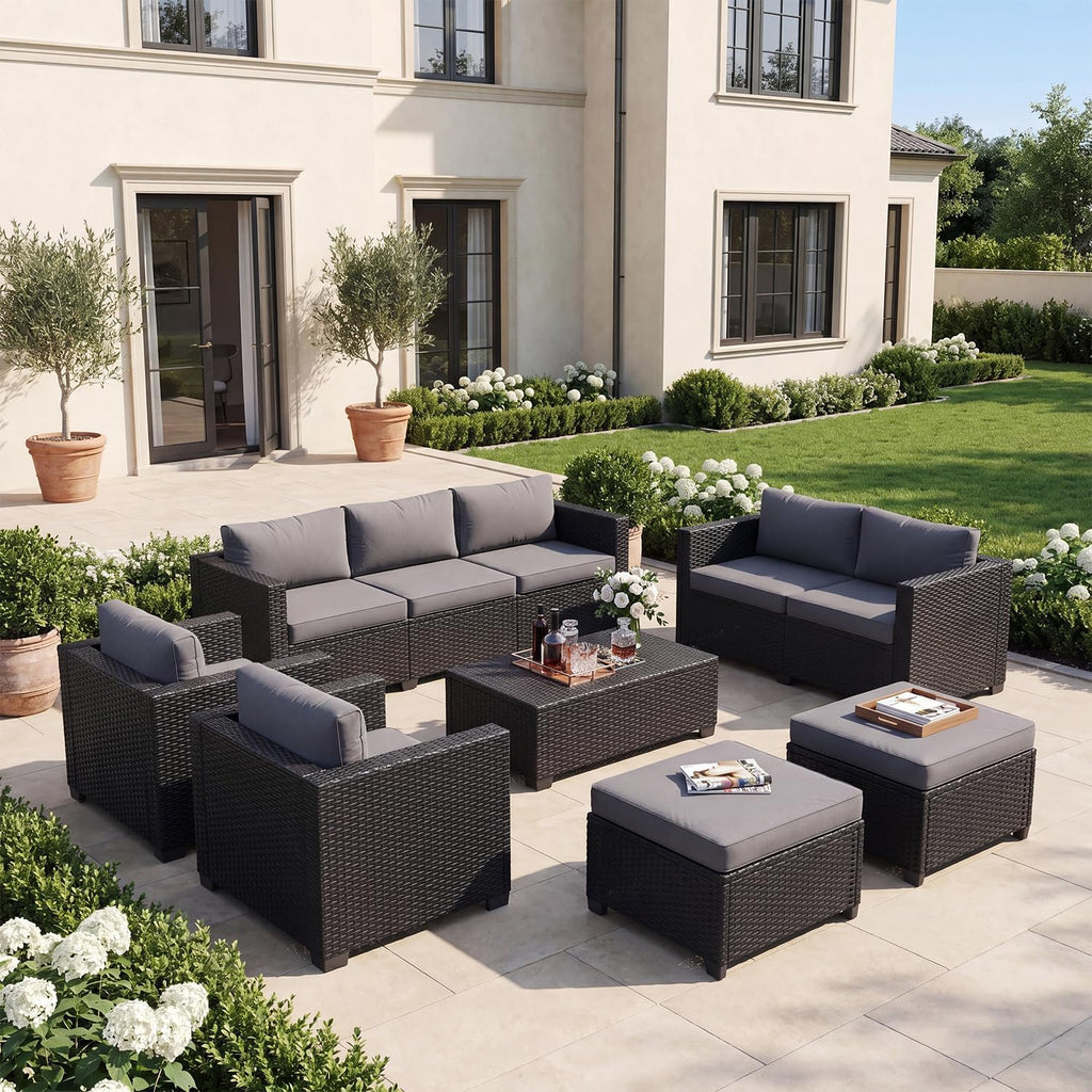 7-Piece Outdoor Patio Furniture Set, Grey | Rattan Outdoor Sectional with Thick Waterproof Cushions, Ottomans &
