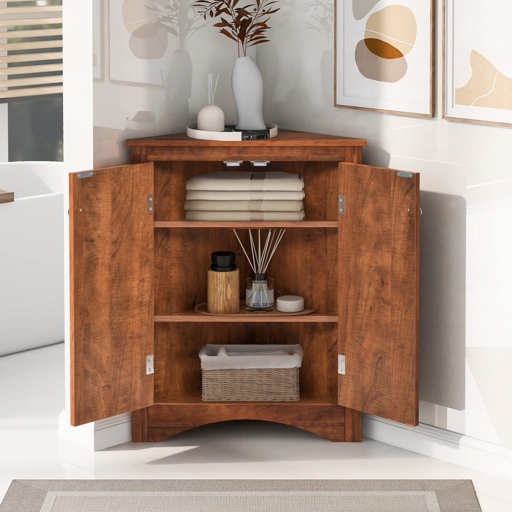 Corner Storage Cabinet with Two Doors, Adjustable Shelf, Freestanding Floor Space Saver, Brown