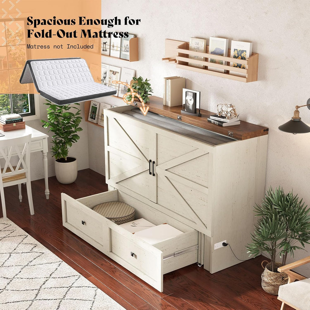 Queen Murphy Bed with Storage & Charging Station, Farmhouse Murphy Cabinet with Foldable Panel, Noisy Free, for Guest