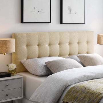 Emily Tufted Button Linen Fabric Upholstered King Headboard in Beige