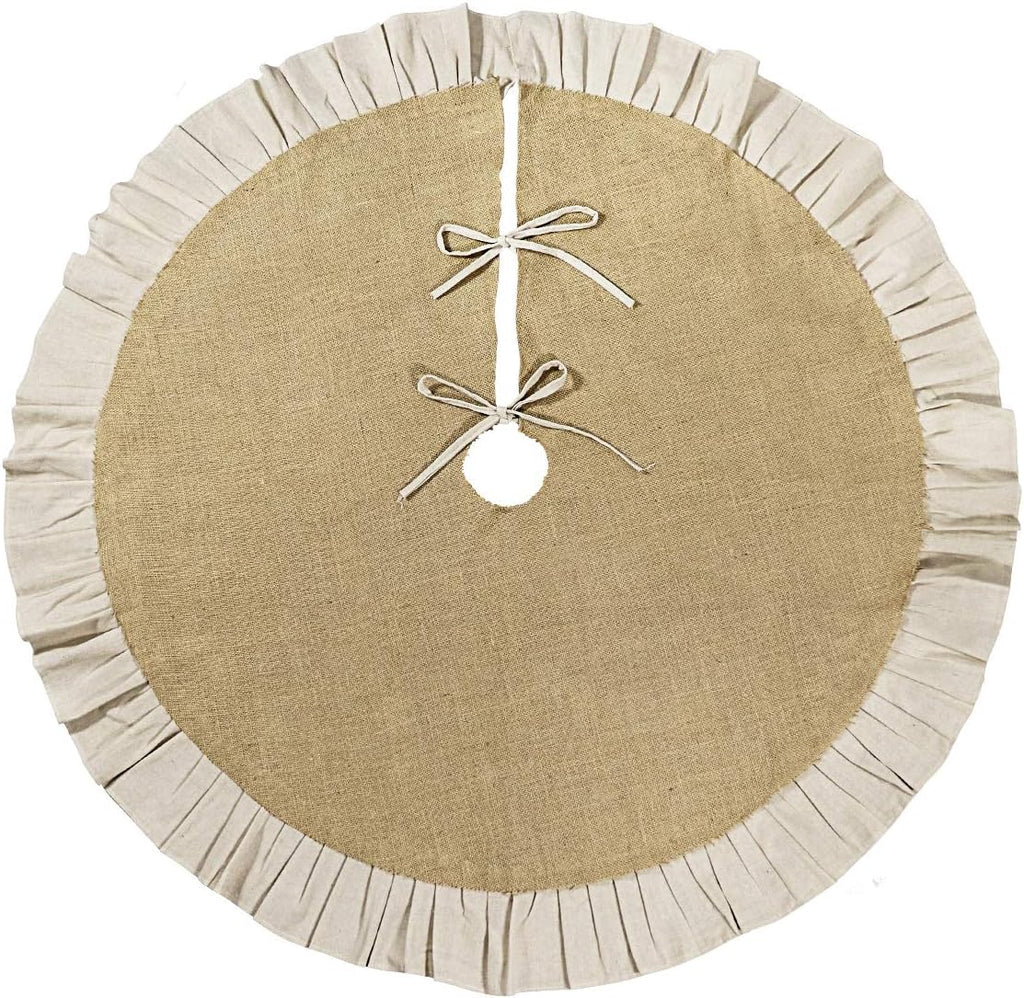 Christmas Tree Skirt, 48 inches Natural Burlap Jute with Ruffle Edge, Rustic Xmas Holiday Decoration