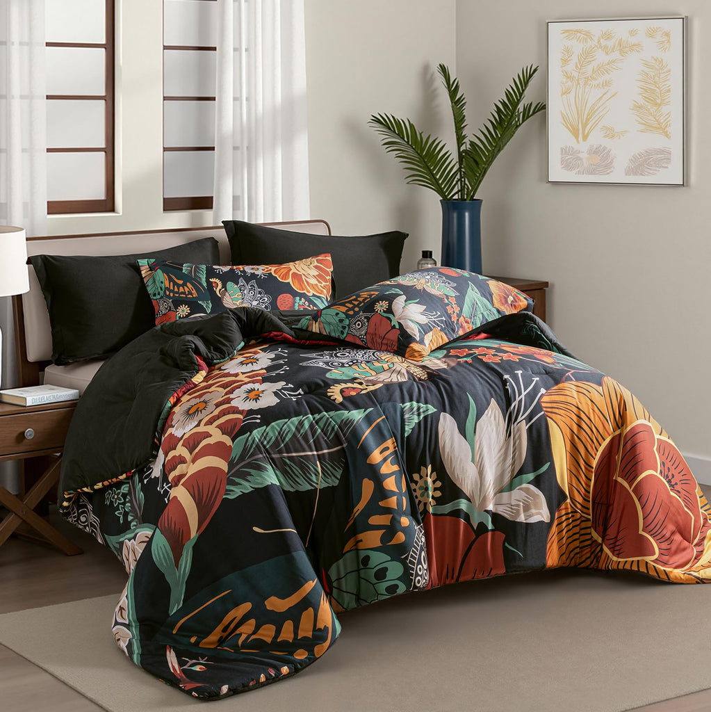 Black Boho Floral Comforter Set - 3 Piece Vintage Botanical Bedding Comforter Sets for All Season Soft