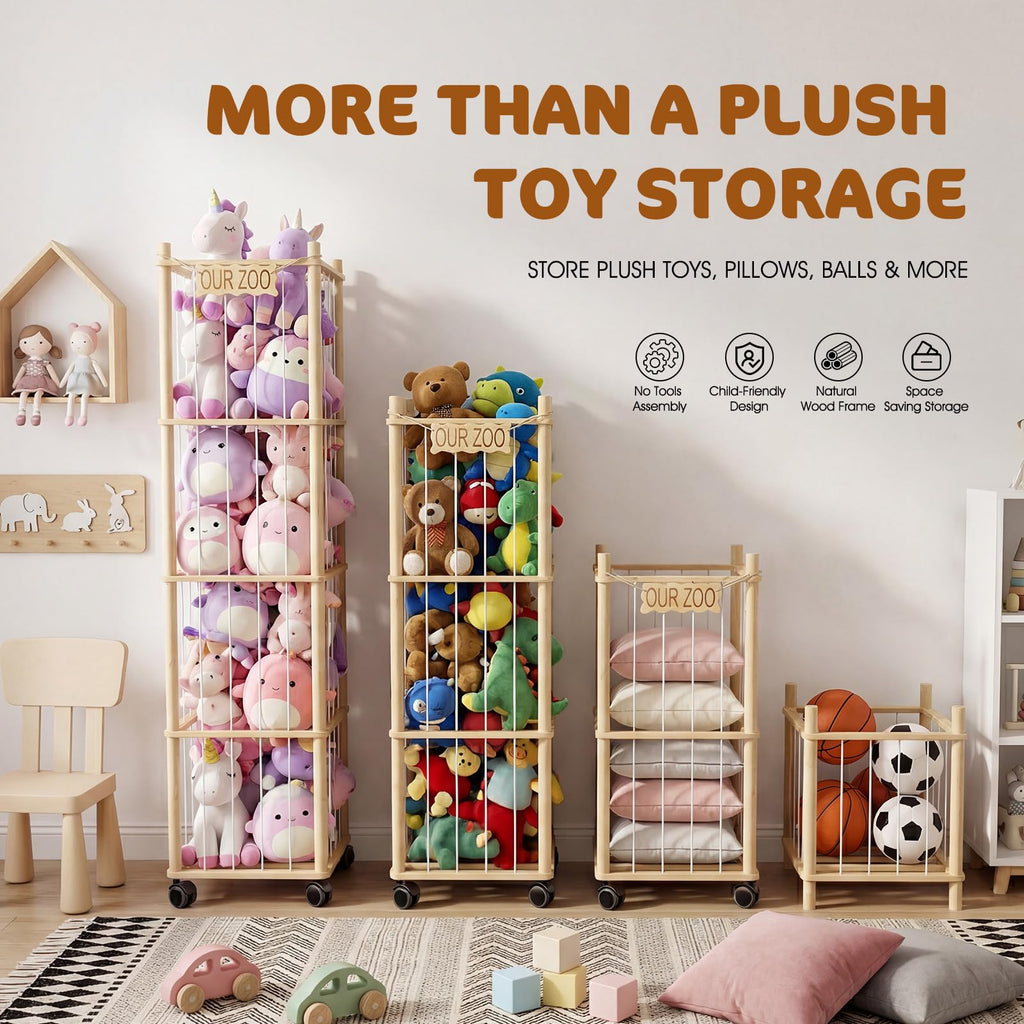 DIY Stuffed Animal Storage Kit, Adjustable 1-4 Tier Stuffed Animal Organizer with Wheels, Large Plushies Storage for