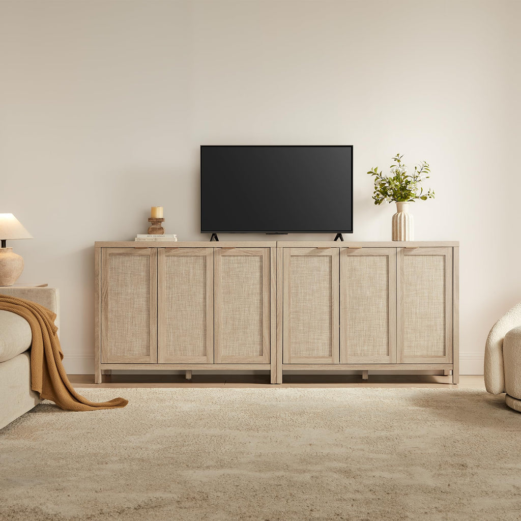 Rattan Buffet Cabinet with Storage 87" Sideboard Cabinet with 6 Doors & Adjustable Shelves Wood Sideboard Credenza
