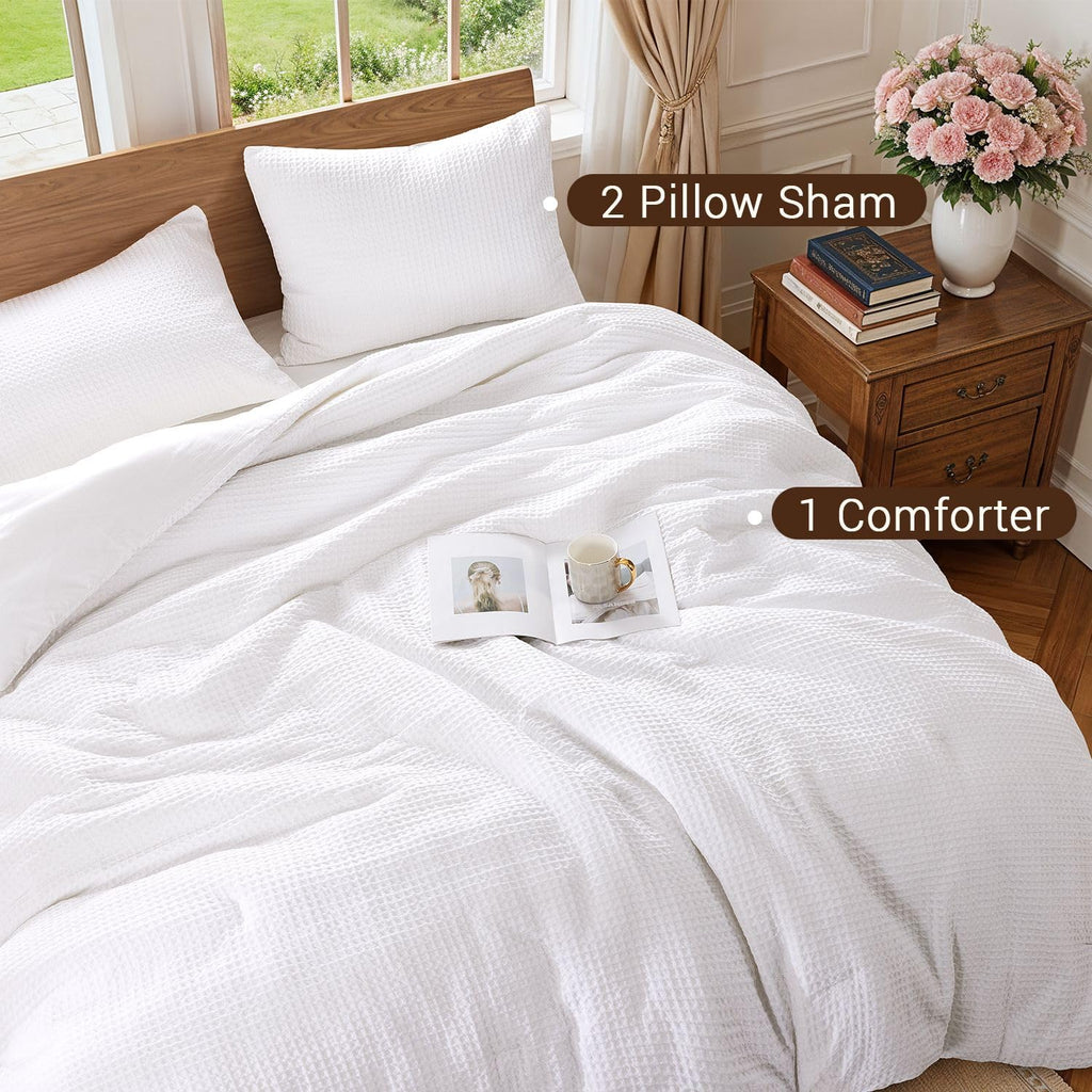 Waffle Weave Comforter Set, Cozy Breathable 100% Cotton Shell
