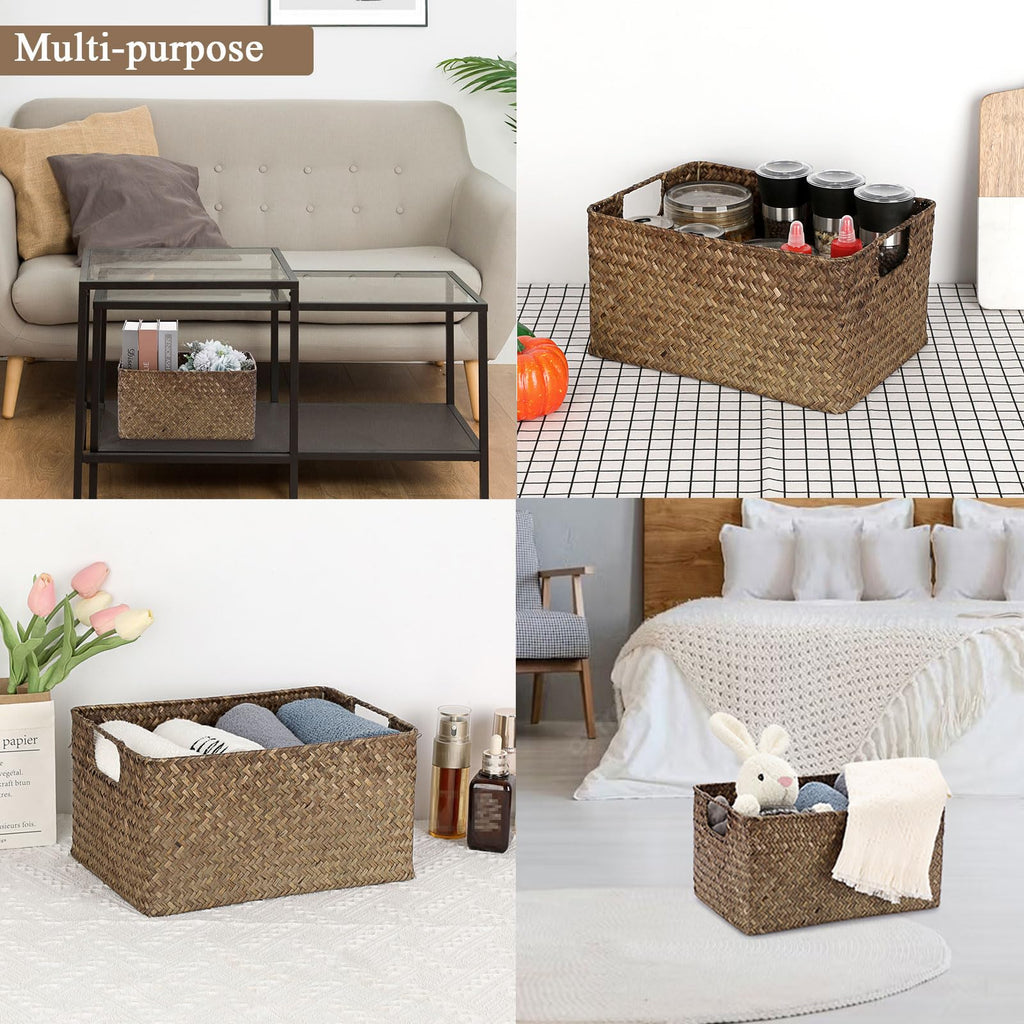 Seagrass Storage Basket for Shelf Organizing, Opened Baskets Bin Handwoven Wicker Baskets Rectangular Decorative