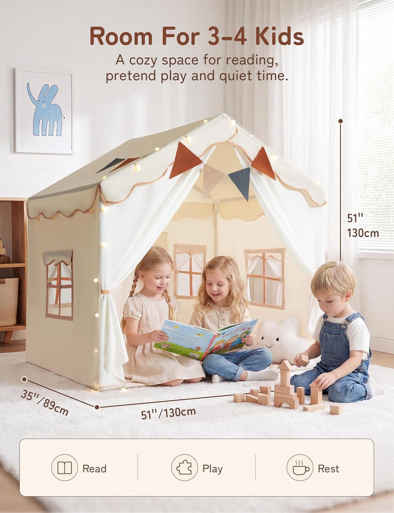 Kids Play Tent Indoor with Padded Mat & Lights, Double Doors