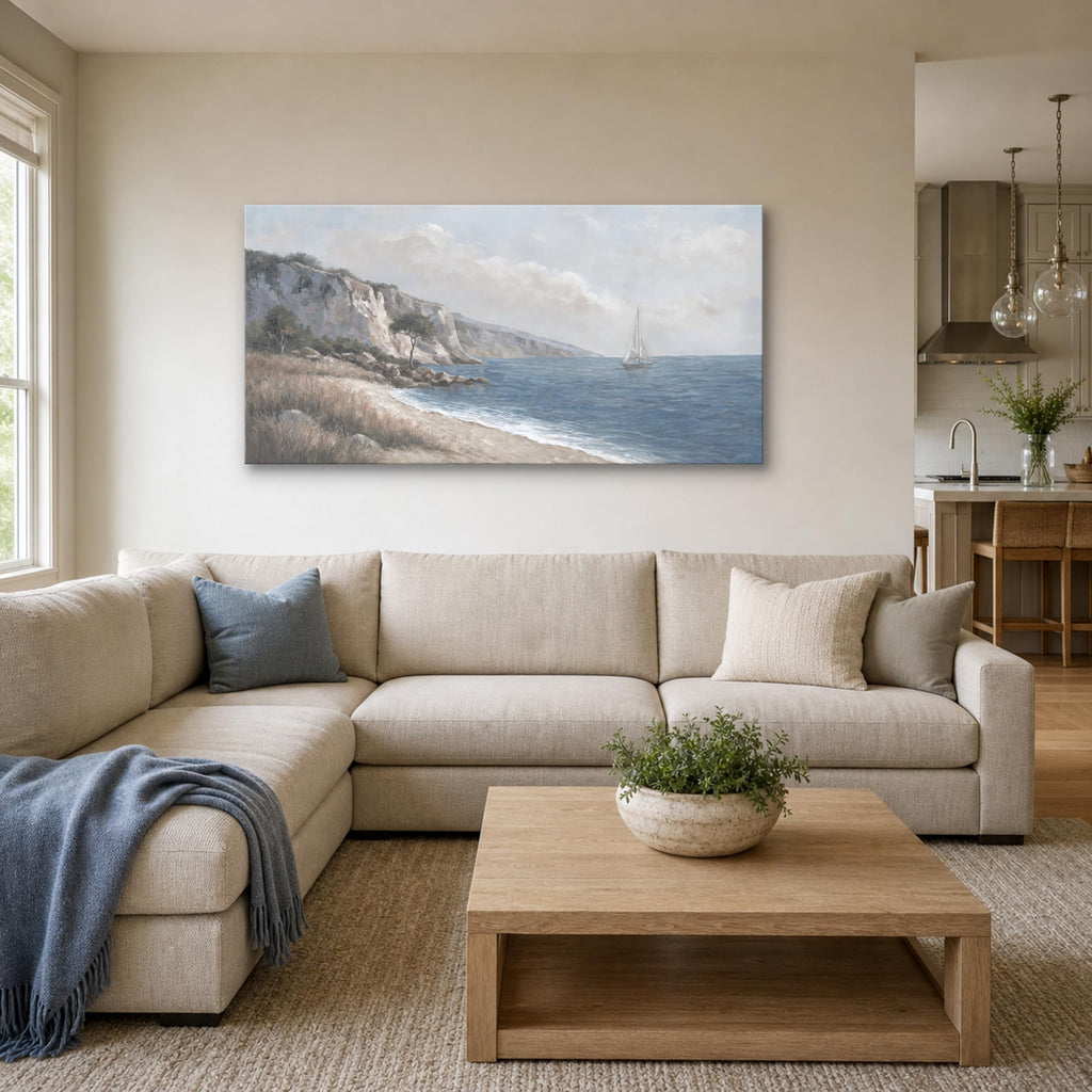 Large Coastal Seascape Canvas Wall Art, 58 x 29 Inch Blue Gray Sailboat and Cliff Landscape Print, Horizontal Beach