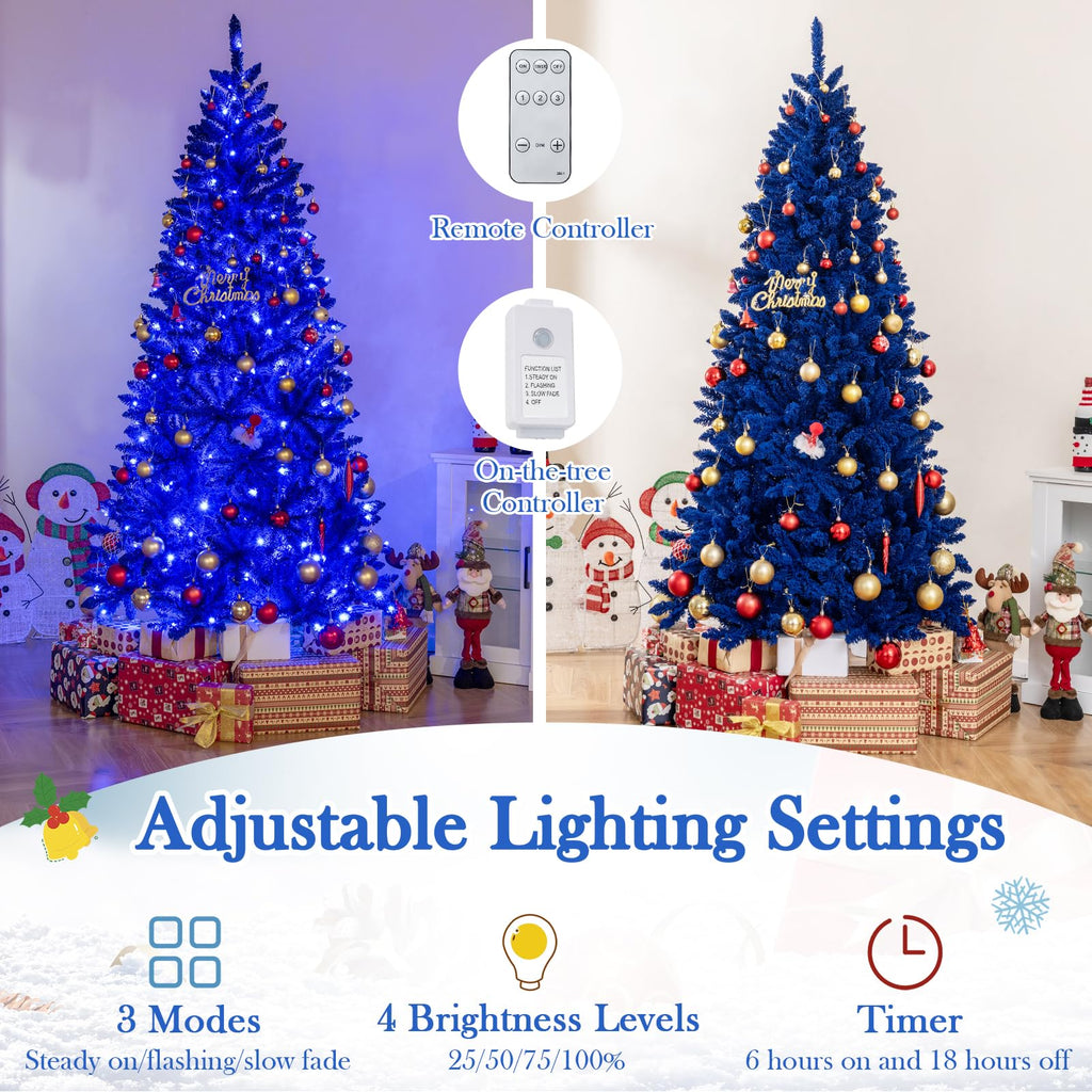 7 FT Pre-Lit Royal Blue Snow Flocked Christmas Tree, Artificial Hinged Xmas Tree with 340 LED Lights, 900 Branch