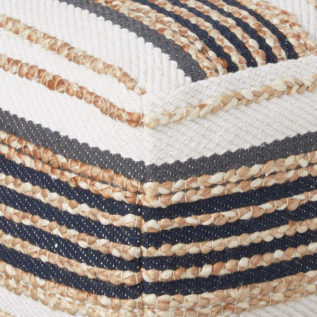 LR Home Natural/Navy Blue/White Square Ottoman Pouf Decor | Striped Hand-Woven Jute Cotton Blend Square Pouf Ottoman