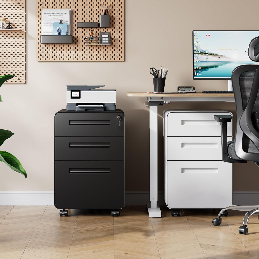 3 Drawer File Cabinet with Lock, Fully Assembled Except Casters | Thickened Metal Mobile Filing Cabinet, Under Desk