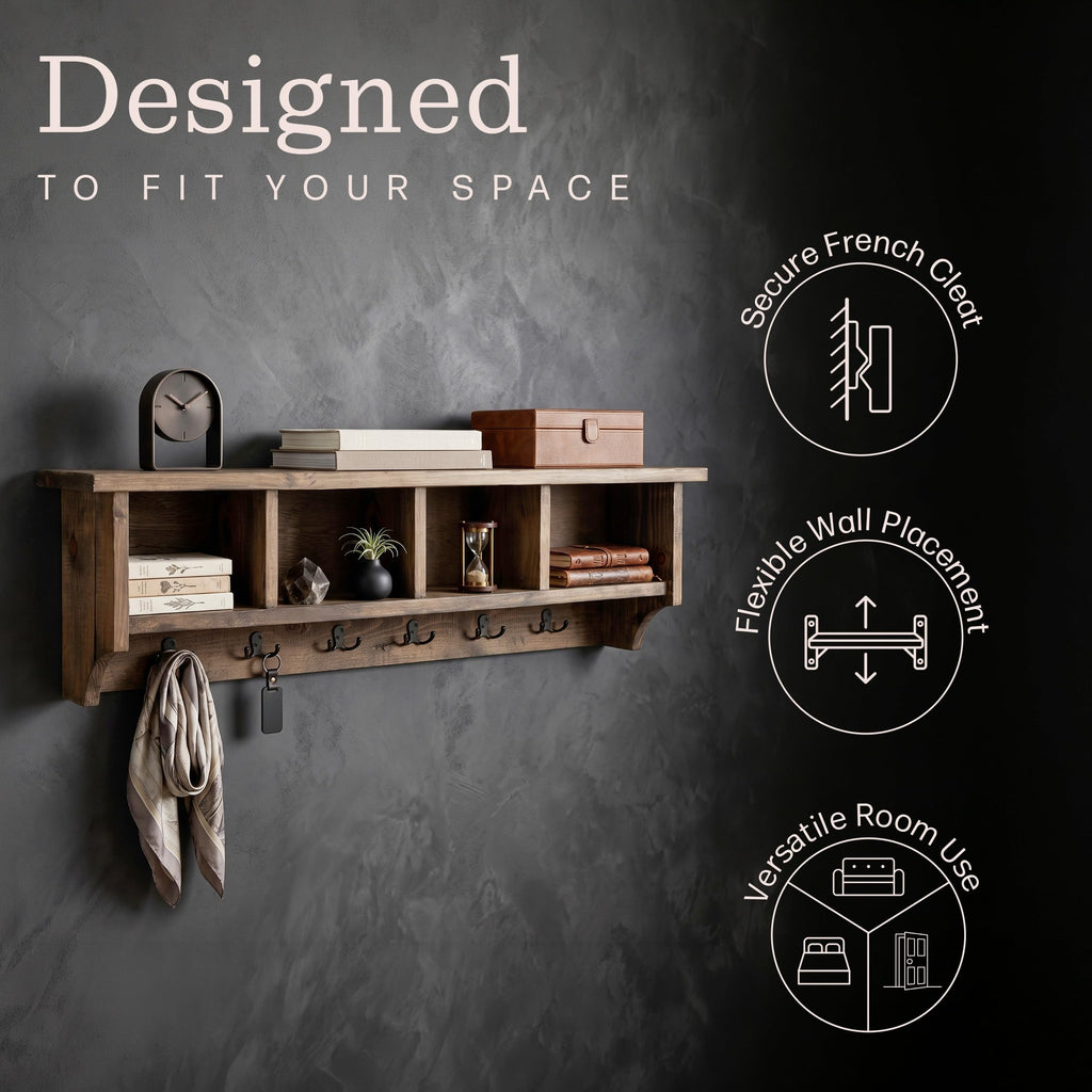 Pomona Solid Wood Entryway Coat Rack with Cubbies, Rustic Brown, 48"