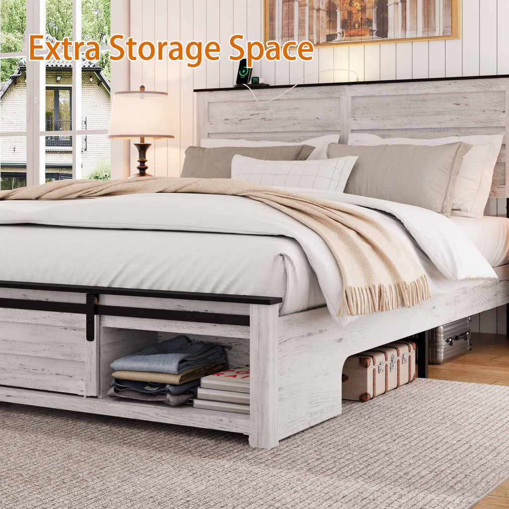 Wooden Bed Frame with Headboard, Boho Storage Bedframe with Sliding Barn Door Footboard and Charging