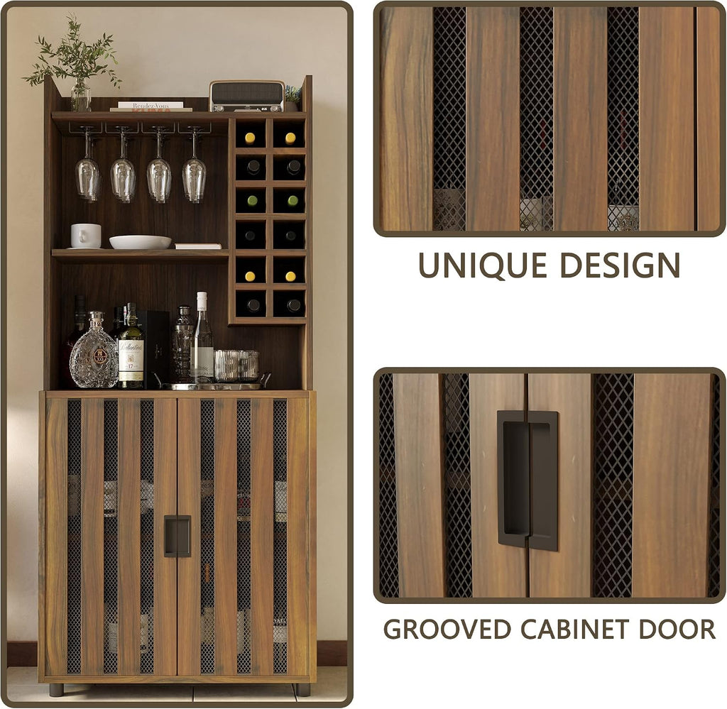 Wine Cabinet with 12 Wine Bottle Racks, 70'' Wine Bar Cabinet Bar Cabinet Tall with Storage, Modern WoodenTall Liquor