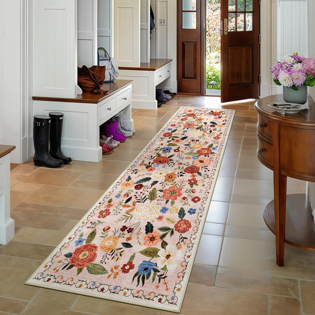 2x6 Washable Runner Rug Beige Boho Floral Kitchen Bedroom