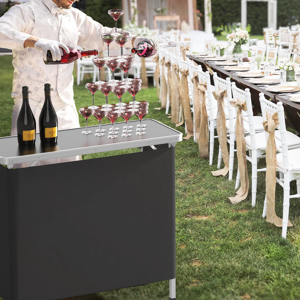 Portable Bar Table, 2-Tier Shelves, Mobile Bar Table for Events, Party, Camping, Picnic, Tradeshow, Indoor with Black