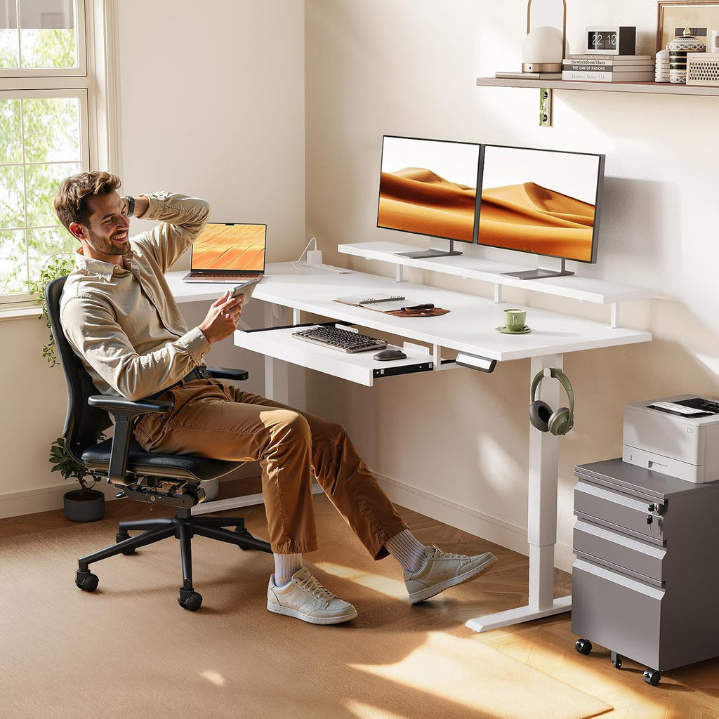 63 Inch Reversible L Shaped Electric Standing Desk, White | Monitor Stand, Keyboard Tray, Power Outlets, 3 Memory