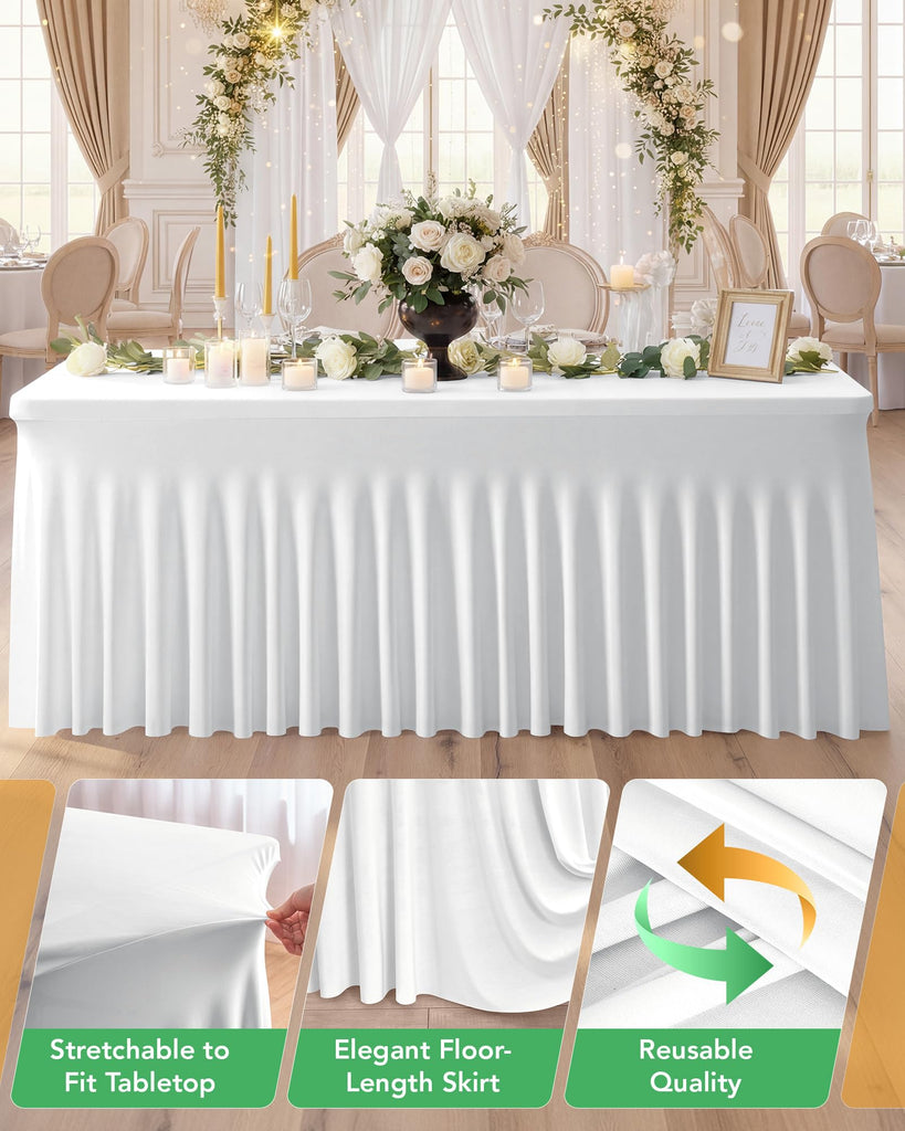 Spandex Table Cover Skirts with Floor-Length Ruffle, 6 ft, White, 4 Pack