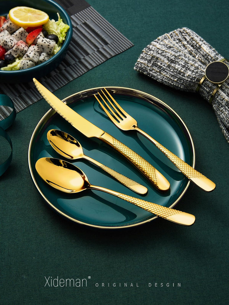 16-Piece Luxury Gold Hammered 18/10 Stainless Steel Silverware Set