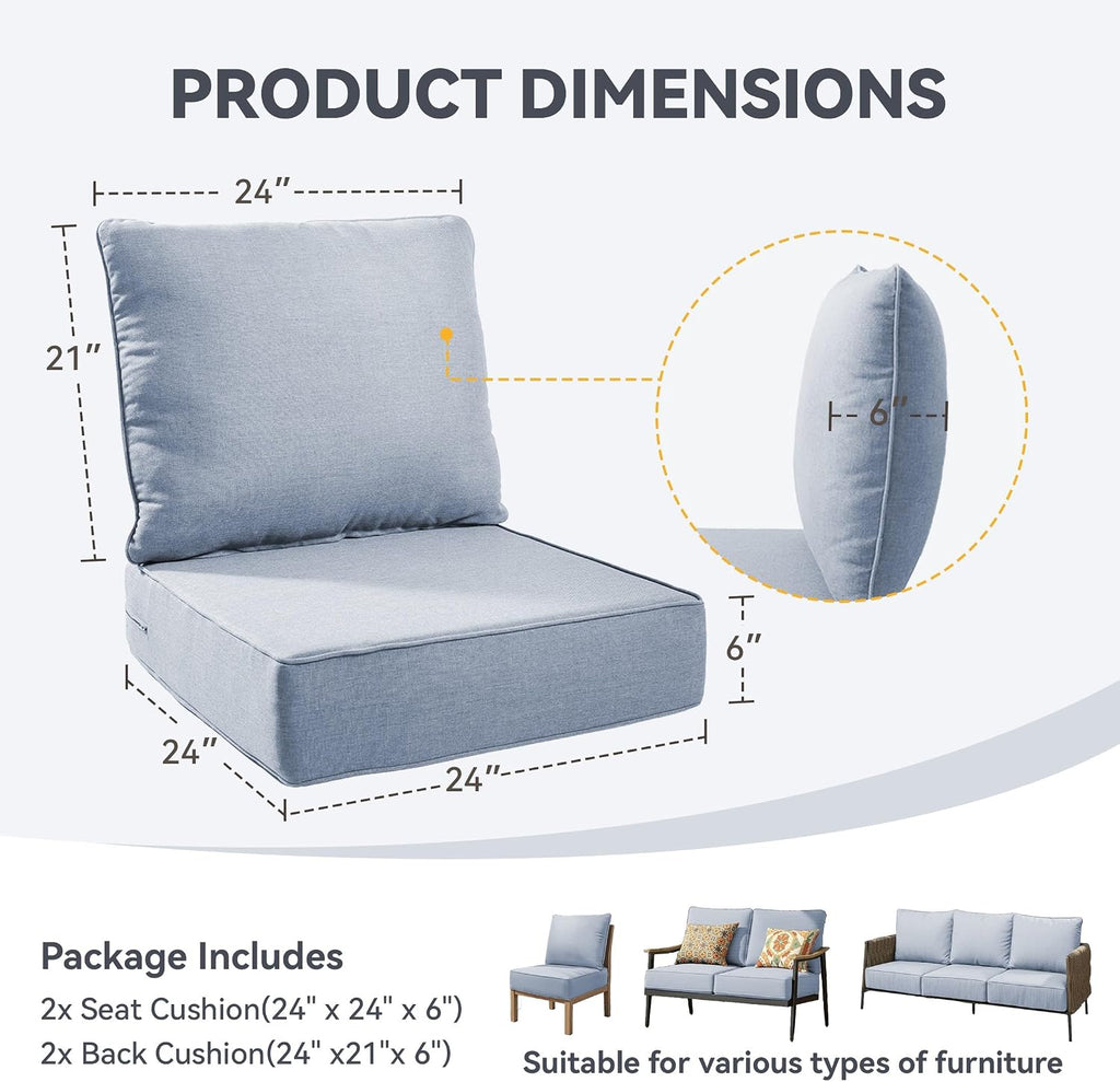 Outdoor Cushion Set Furniture, UV Resistant, Water Resistant - 6 Inch Thick Foam Garden Cushions- 24x24 Inch Patio