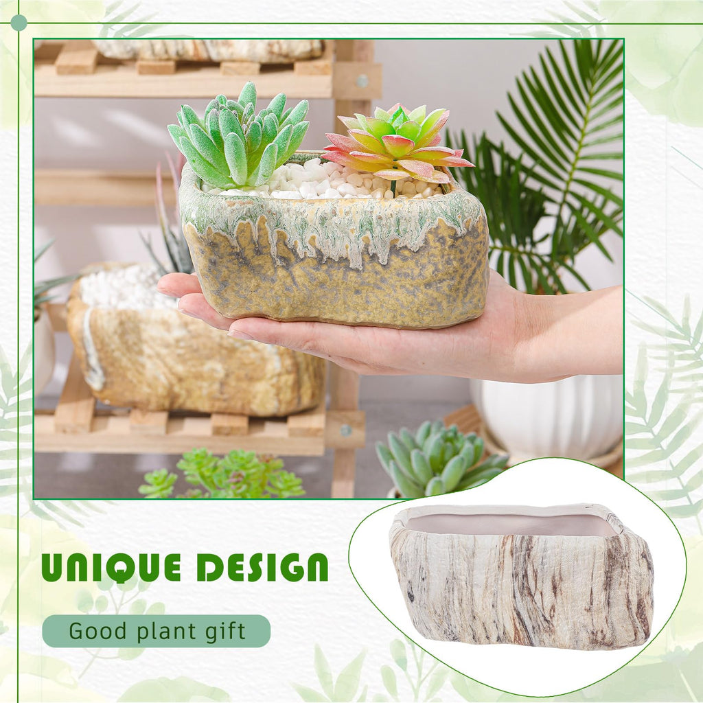 6 Pcs 5.3 Inch Ceramic Succulent Pots Stone Shape Bulk Rectangle Window Box Cactus Plant with Drainage Hole Succulent