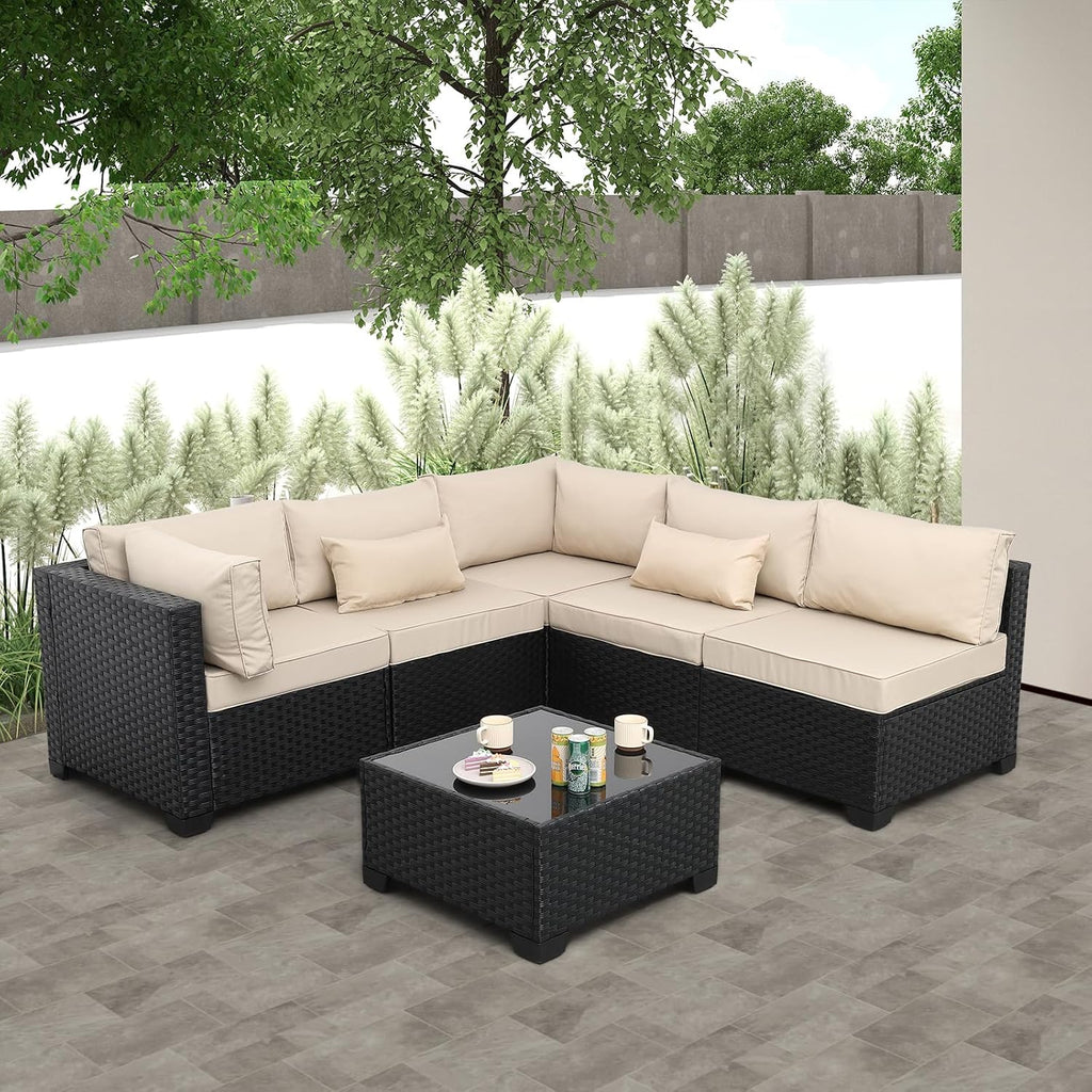 Patio Sectional 6 Pieces All-Weather Wicker Patio Furniture Set Outdoor Sectional with Glass Table Non-Slip Cushions