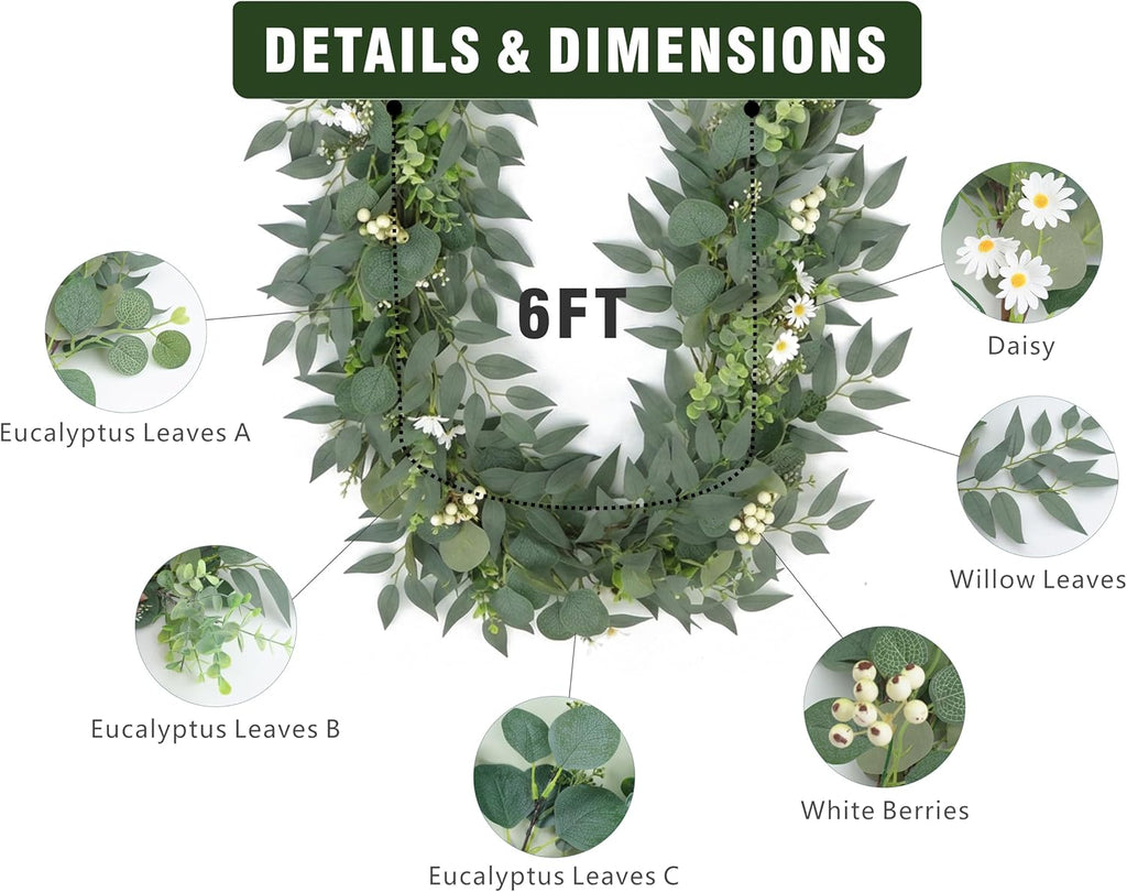 2-Pack 6 Ft Artificial Eucalyptus Garlands for Mantel Decor - Set of 2