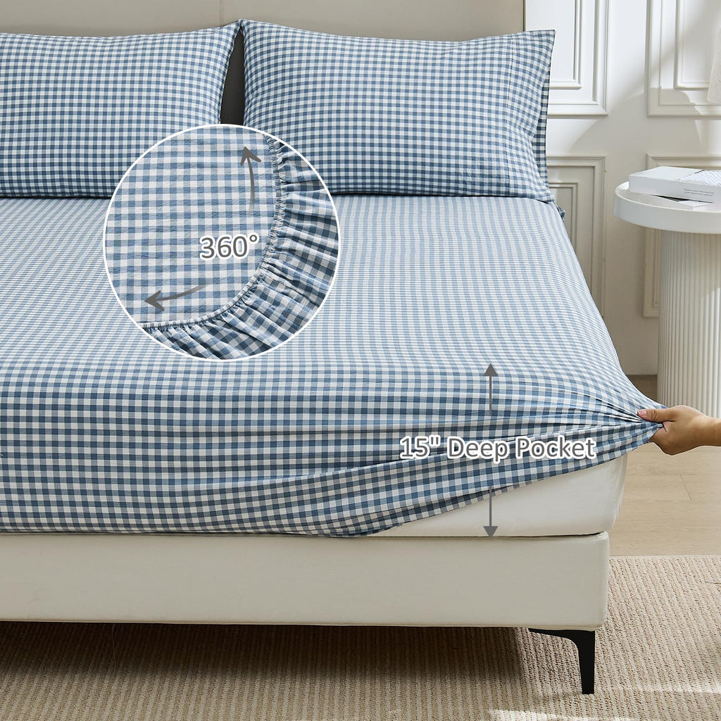 Blue Gingham Sheets Set 100% Washed Cotton Linen Like