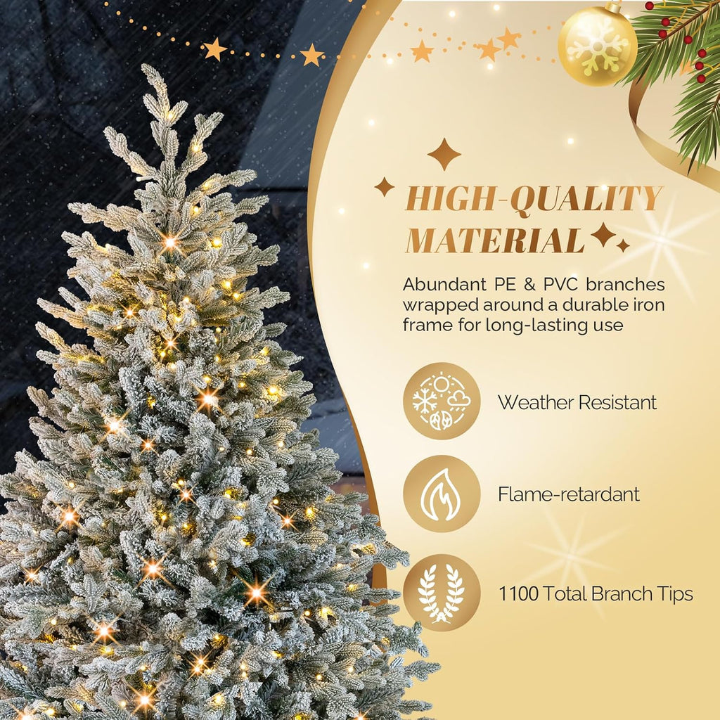 7ft Flocked Xmas Tree with 400 Warm White LED Lights, Pre-lit Design, 1100 Branch Tips, 8 Dynamic Modes, PE and PVC