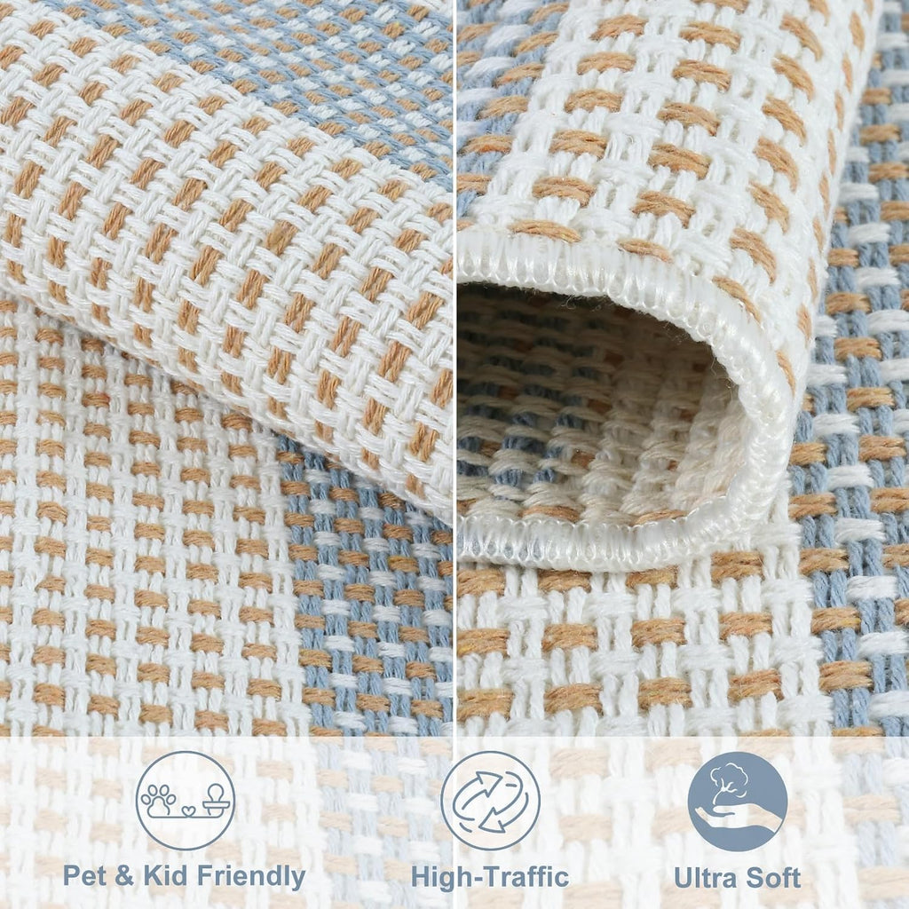 Layering Rug for Front Porch 2x4.3 Cute Welcome Mat Outside Entrance | Washable Front Door Mat, Blue White and Tan