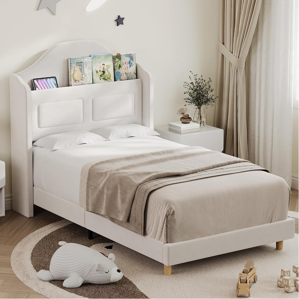 Twin Bed Frame for Kids, Upholstered Platform Bed for Boys/Girls, Beige | Velvet Wingback Headboard with LED Light &