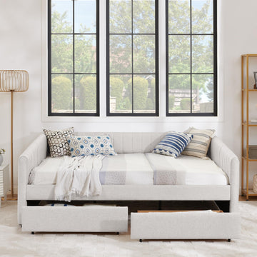 Queen Size Linen Upholstery Daybed with 2 Drawers, Modern Style Tufted Corner Sofa Bed Frame with Solid Wooden Slats
