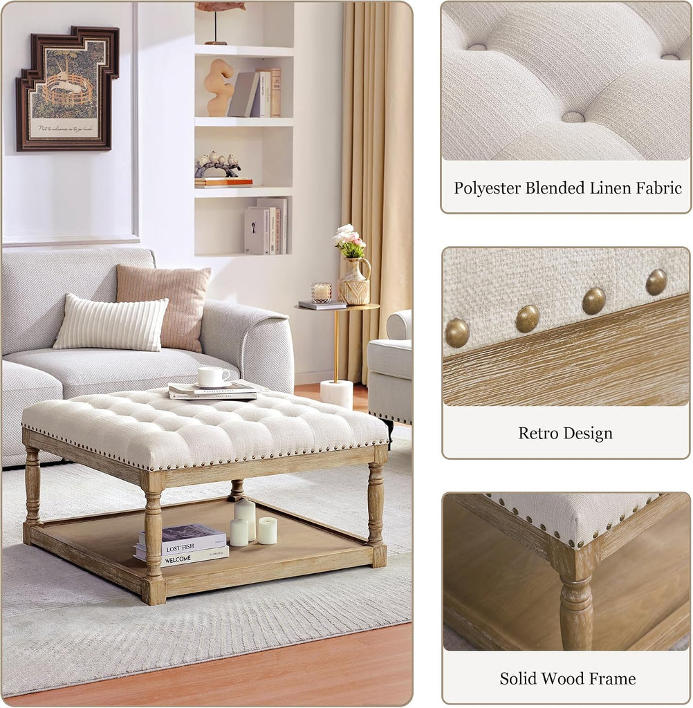 33-inch Square Ottoman Coffee Table, Large Storage Ottoman (Beige) | Tufted Upholstered Linen Ottoman , Farmhouse