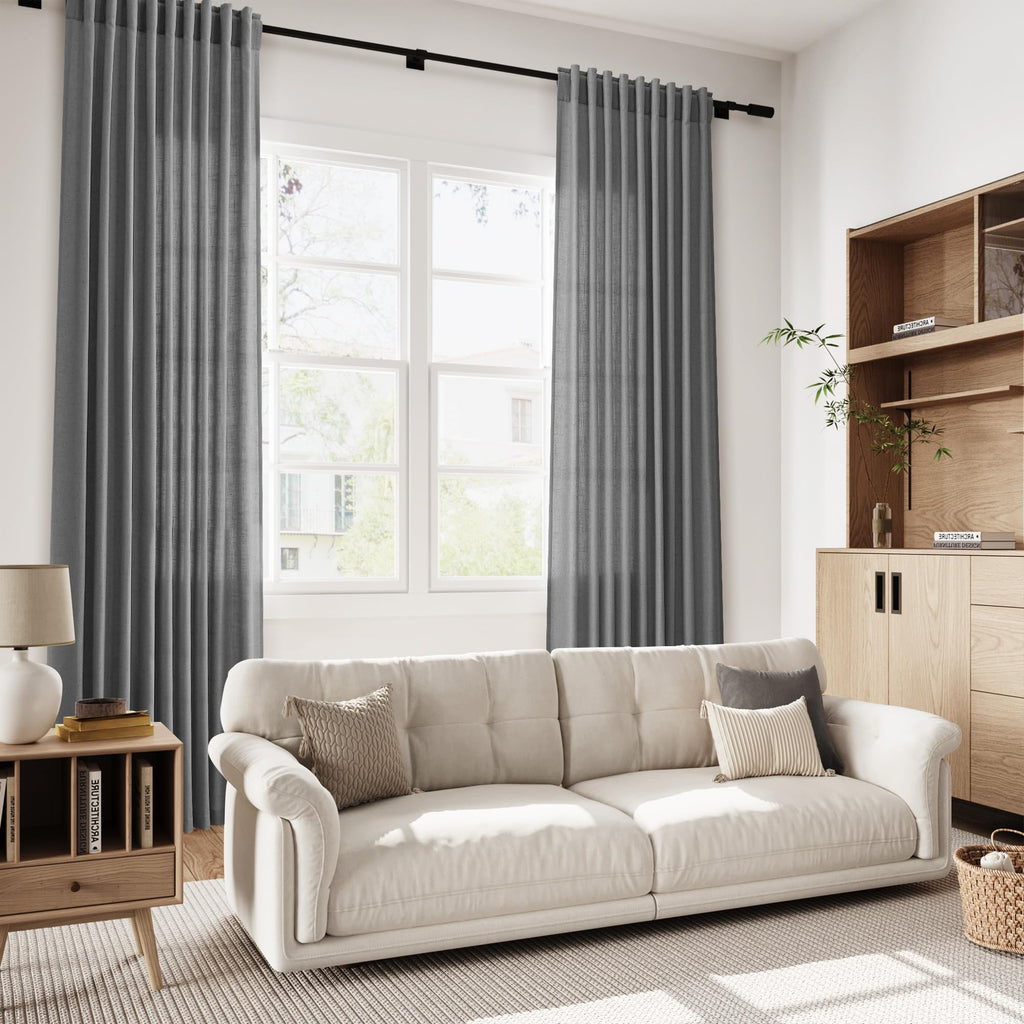 Blazer Grey Linen Curtains 72 Inch Long Bedroom Lightweight Door Drapes 2 Panels Set, Semi Sheer Light Filtering Back